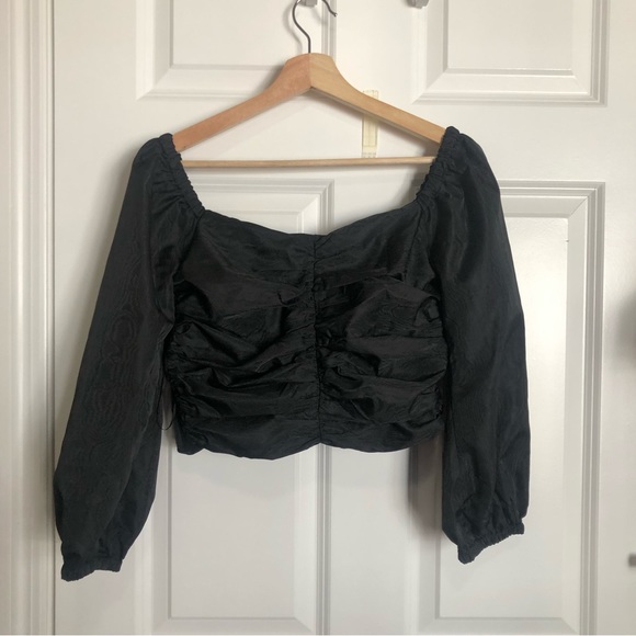 J. Crew Black Ruched Puff Sleeve Crop Top BD809 NWOT - Picture 7 of 8